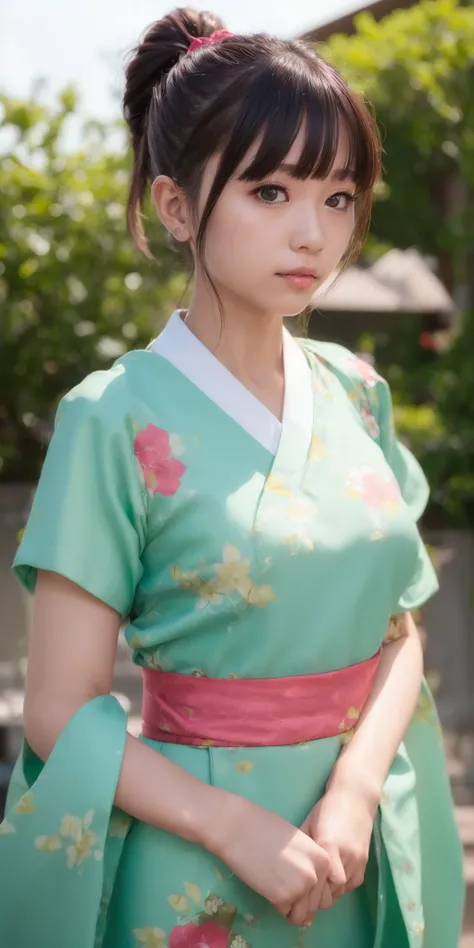 (straight-on:1.33), looking at another, upper body,
ultra high res, best quality, photo, 4k, (photorealistic:1.4),
1girl, high ponytail, 
hanfugirl,light green hanfu, floral print, 
arms behind back, 
<lora:japaneseDollLikeness_v10:0.6>, <lora:lora-hanfugirl-v1-5:0.6>,