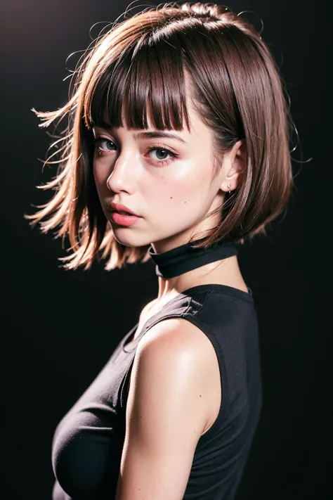 1 youth girl,solo,short hair,bangs,brown hair,open mouth,brown eyes,bright pupils,eyeball,upper body,((black t-shirt)),(from_side:1.3),big eyes,black Choker,(look at viewer),(((black background))),simple background,portrait,adolescent,bandaid,small breasts,(European),Three-dimensional facial features,Big nose,blush,lipstick,forehead,(glint),pout,dot nose,blunt bangs,bowl cut,Hair covers ears