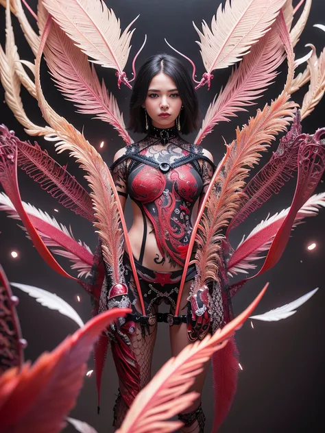 complex ultra detailed beautiful death angel, biomechanical cyborg, analog 150 mm lens, beautiful natural soft rim light, crystal feathers, roots, fine foliage lace, colorful details, Boris Bidjan Saberi outfit, pearl earrings, piercing, art nouveau fashion embroidered, intricate details, mesh wire, mandelbrot fractal, facial muscles, cable wires, microchip, badass, hyper realistic, ultra detailed, octane render, volumetric lighting, 8k post-production, red and white with a bit of black, detailled metalic bones, semi human, iridescent colors, Glenn Brown style, futuristic room, power of the god, high-angle shot, complex body poses