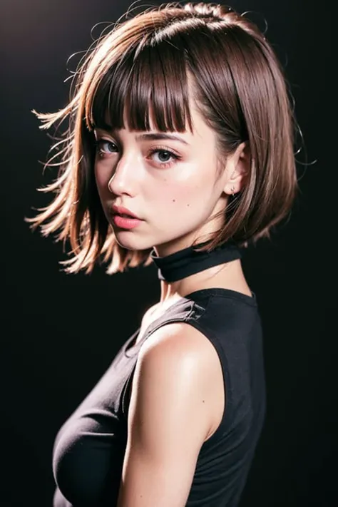 1 youth girl,solo,short hair,bangs,brown hair,open mouth,brown eyes,bright pupils,eyeball,upper body,((black t-shirt)),(from_side:1.3),big eyes,black Choker,(look at viewer),(((black background))),simple background,portrait,adolescent,bandaid,small breasts,(European),Three-dimensional facial features,Big nose,blush,lipstick,forehead,(glint),pout,dot nose,blunt bangs,bowl cut,Hair covers ears
