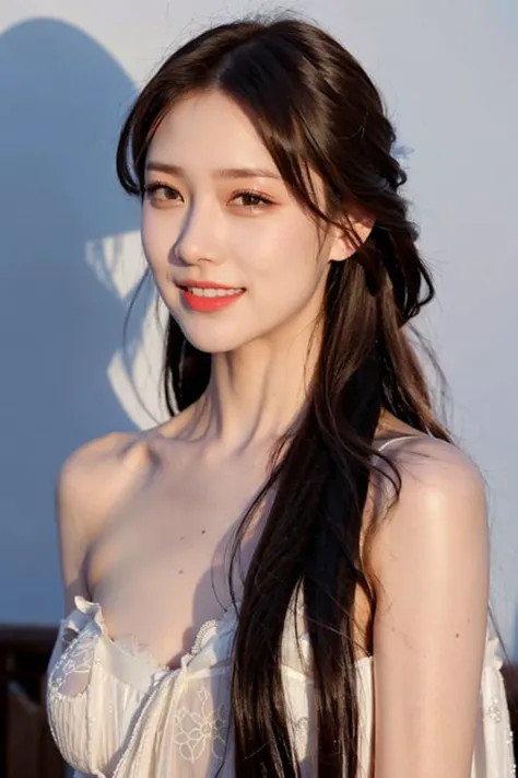 (masterpiece), (RAW photo, best quality), (realistic, photo-realistic:1.3), (ultra-high res), (ultra-detailed), (best shadow), 1girl at home, (hanfu, dress), bare shoulders, collarbone, (long brown hair:1.2), looking at viewer, light smile, upper body, makeup, <lora:koreanDollLikeness_v10:0.3>,