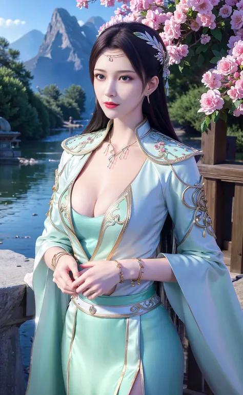 delicated <lora:koreanDollLikeness_v10:0.3>, <lora:taiwanDollLikeness_v10:0.2>,best quality ,masterpiece, illustration, an extremely delicate and beautiful, extremely detailed ,CG ,unity ,8k wallpaper, Amazing, finely detail, masterpiece,best quality,official art,extremely detailed CG unity 8k wallpaper,absurdres, incredibly absurdres, huge filesize , ultra-detailed, highres, extremely detailed,beautiful detailed girl, extremely detailed eyes and face, beautiful detailed eyes,light on face,1girl, circlet, cleavage, real face, standing, dress, chinese_clothes,  <lora:yunyun:0.5>, natural face, clothes with texture, earrings, eyelashes, hair_ornament, jewelry, soft lighting, mountains, natural scenery, blossom, cinematic lighting ,<lora:pureerosface_v1:0.2> <lora:lora-hanfugirl-v1-5:0.1>