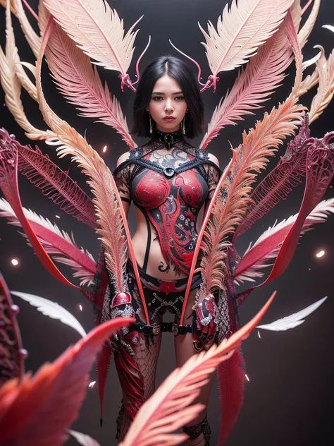 complex ultra detailed beautiful death angel, biomechanical cyborg, analog 150 mm lens, beautiful natural soft rim light, crystal feathers, roots, fine foliage lace, colorful details, Boris Bidjan Saberi outfit, pearl earrings, piercing, art nouveau fashion embroidered, intricate details, mesh wire, mandelbrot fractal, facial muscles, cable wires, microchip, badass, hyper realistic, ultra detailed, octane render, volumetric lighting, 8k post-production, red and white with a bit of black, detailled metalic bones, semi human, iridescent colors, Glenn Brown style, futuristic room, power of the god, high-angle shot, complex body poses