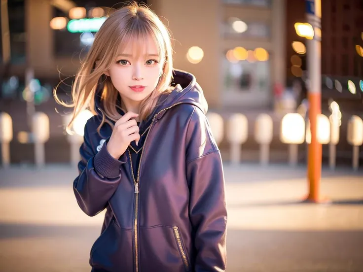 (8k RAW photo,best quality, masterpiece:1.2), (realistic,photo-realistic:1.37),omertosa,1girl,city,professional lighting,photo mapping,radiosity,physically-based rendering,blue backlight bokeh,smile,mature,head portrait,sunlight,blone,short jacket,school uniform,hoodie,short hair,floating hair