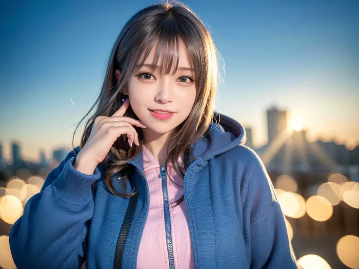 (8k RAW photo,best quality, masterpiece:1.2), (realistic,photo-realistic:1.37),omertosa,1girl,city,professional lighting,photo mapping,radiosity,physically-based rendering,blue backlight bokeh,smile,mature,head portrait,sunlight,blone,short jacket,school uniform,hoodie,short hair,floating hair