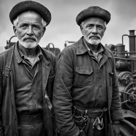 (masterpiece),(best quality),extremely detailed CG unity 8k wallpaper,depth of field,huge filesize,ultra-detailed,extremely_detailed_eyes_and_face,cinematic lighting,best illustration,worker,rough skin,sad eyes,age 50,coal dust,steam engine,hyper realistic,Photograph,worker,assembly line,black eye,black-white,full body,