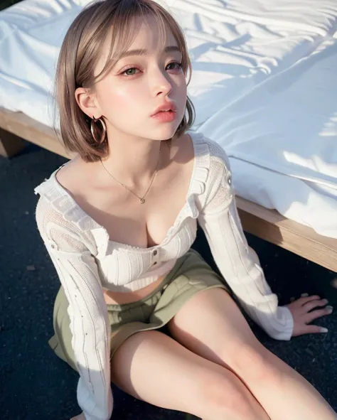 (8k, RAW photo, best quality, masterpiece:1.3), (realistic, photo-realistic:1.3), 1girl, (cute:1.3), (small breasts:1.3), (sunlight), (sunshine), shade, (looking at the viewer:1.3), short hair, (earring), closed mouth, ulzzang-6500-v1.1:0.5 <lora:koreanDollLikeness_v10:0.25>, green Wool skirt
