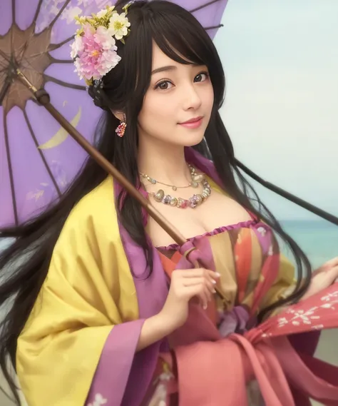 masterpiece, best quality, highly detailed,1girl, beach_umbrella, black_hair, black_umbrella, blue_umbrella, breasts, brown_eyes, cleavage, dress, earrings, flower, hair_flower, hair_ornament, hanfu, holding, holding_umbrella, hydrangea, jewelry, leaf_umbrella, long_hair, long_sleeves, necklace, oil-paper_umbrella, parasol, pink_umbrella, purple_umbrella, race_queen, rain, red_umbrella, shared_umbrella, smile, solo, transparent_umbrella, umbrella, white_umbrella, wide_sleeves
