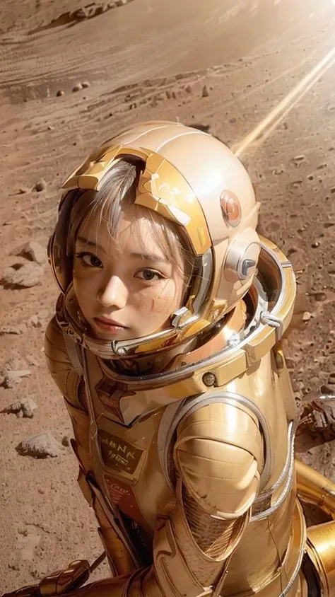 photography of a beautiful Chinese girl, 1girl,
<lora:koreanDollLikeness_v10:0.4>,
8k, RAW photo, (ultra high res), ultra detailed, ((physically-based rendering)), best quality, solo focus, looking at the viewer,
(realistic, photo-realistic:1.4), (high detailed skin:1.6),(pose:1.4), (perfect face),
(close up:1.3),(fujifilm xt3:1.4),
<lora:juan_v1:0.4>,
beautiful detailed eyes,(extremely short hair:1.5), gray hair,
(golden space suit:1.4),(golden armor:1.3), (astronaut helmet:1.3),
(global illumination:1.2), (natural lighting:1.6),(sunny day)
(hiking on Mars:1.5),outdoor,