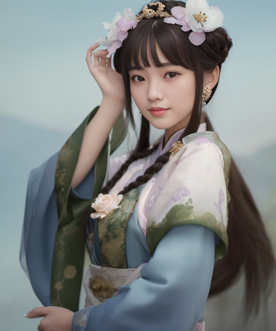 A woman in a blue and green dress with a flower in her hair - SeaArt AI