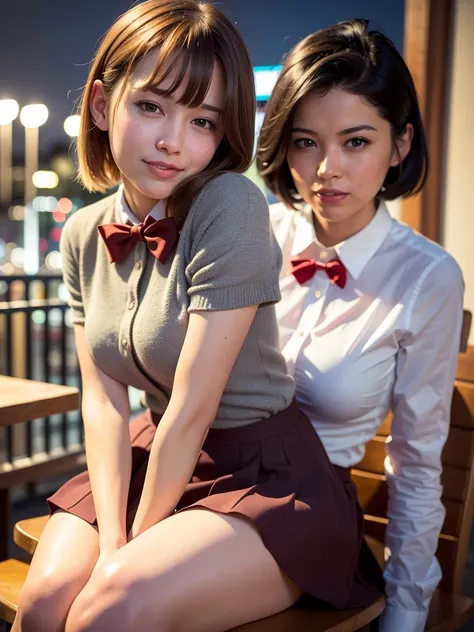 <lora:koreanDollLikeness_v10:0.3>,<lora:taiwanDollLikeness_v10:0.2>(8k, RAW photo, best quality, masterpiece:1.2), (realistic, photo-realistic:1.37), ultra-detailed, 1 girl,cute, solo,beautiful detailed sky,detailed cafe,night,sitting,dating,(nose blush),(smile:1.1),(closed mouth) medium breasts,beautiful detailed eyes,(collared shirt:1.1), bowtie,pleated skirt,(short hair:1.2),floating hair
