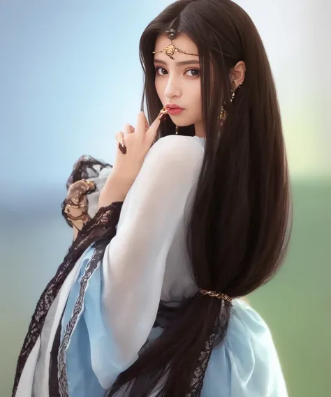 masterpiece, best quality, highly detailed,1girl, black_hair, brown_eyes, earrings, finger_to_mouth, index_finger_raised, jewelry, lips, long_hair, looking_at_viewer, low-tied_long_hair, solo, watermark