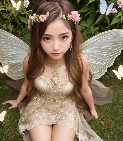 Flower, Full-body photo,night,Miniature, fairy woman sitting on a flower,dressed in an intricate lace dress, with butterfly wings, (best quality: 1.0), (ultra high definition: 1.0), (beautiful girl: 1.4), (masterpiece), (photorealistic: 1.3 ), Ultra Detail, (High Skin Detail: 1.2), (Best Quality: 1.0), (Ultra High Definition: 1.0), (Masterpiece), (Photorealistic: 1.3), Super Detail, (High Skin Detail: 1.2), (Best: 1.0), (Super Slim: 1.0), (Delicate face)