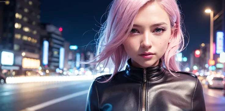 (extremely detailed CG unity 8k wallpaper), (masterpiece), (best quality), (ultra-detailed), ultra-high res, (photorealistic:1.4), 1girl, (colorful hair:1.2), looking at viewer, light smile, makeup, <lora:koreanDollLikeness_v10:0.4>, detailed eyes, long leather jacket, partial nude, cyberpunk, vanishing point, city, night light,  choker, (wide angle shot),