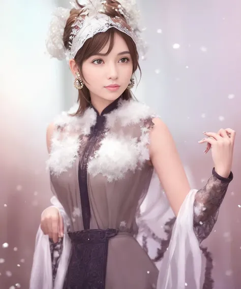 masterpiece, best quality, highly detailed,1girl, bare_shoulders, brown_eyes, brown_hair, dress, earrings, jewelry, short_hair, snowing, solo