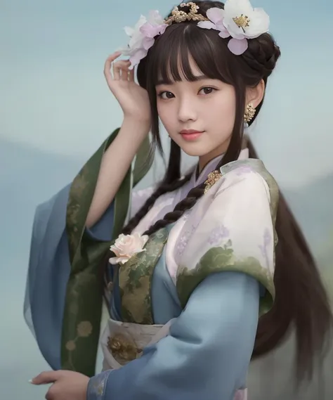 masterpiece, best quality, highly detailed,1girl, black_hair, bracelet, brown_eyes, brown_hair, chinese_clothes, earrings, flower, hair_flower, hair_ornament, hanfu, jewelry, lips, long_hair, long_sleeves, looking_at_viewer, smile, solo, upper_body, wide_sleeves