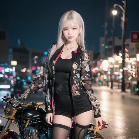 (8k, RAW photo, best quality, masterpiece:1.2), (realistic, photo-realistic:1.37),<lora:koreanDollLikeness_v10:0.5> <lora:stLouisLuxuriousWheels_v1:1,st. louis \(luxurious wheels\) ,1girl,(Kpop idol), (aegyo sal:1),hair ornament, portrait, necklace,cute,cityscape, night, wet, professional lighting, photon mapping, radiosity, physically-based rendering, thighhighs, smile, pose, silver hair,loose clothes, motorcycle, hanfu, ulzzang-6500-v1.1