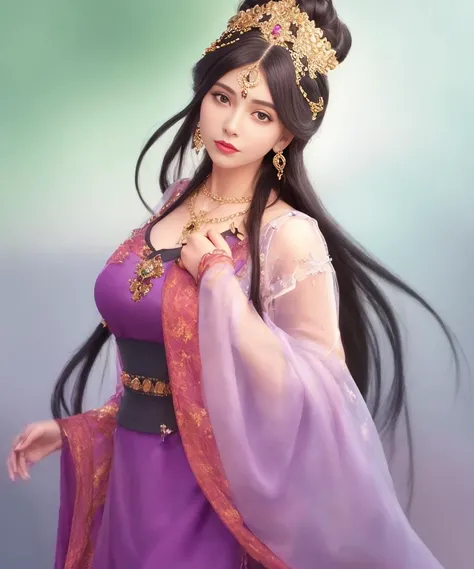 masterpiece, best quality, highly detailed,1girl, artist_name, black_hair, breasts, dress, earrings, hand_on_own_chest, jewelry, lips, long_hair, necklace, purple_dress, solo, very_long_hair, wide_sleeves