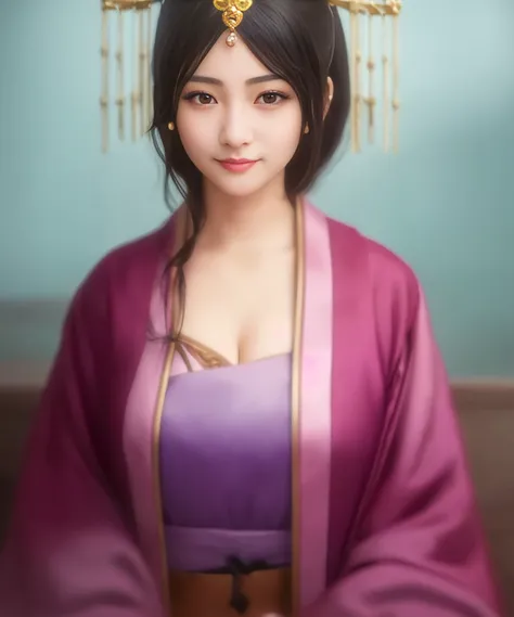 masterpiece, best quality, highly detailed,1girl, black_hair, breasts, brown_eyes, cleavage, closed_mouth, hair_ornament, hair_stick, japanese_clothes, lips, looking_at_viewer, smile, solo, upper_body