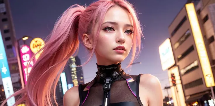 (extremely detailed CG unity 8k wallpaper), (masterpiece), (best quality), (ultra-detailed), ultra-high res, (photorealistic:1.4), 1girl, (colorful hair:1.2), looking at viewer, light smile, makeup, <lora:koreanDollLikeness_v10:0.4>, detailed eyes, show half breast, high ponytail, partial nude, cyberpunk, vanishing point, city, night light, (wide angle shot), hanfu, choker,