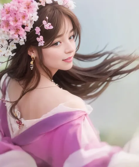 masterpiece, best quality, highly detailed,1girl, blurry, branch, brown_eyes, brown_hair, cherry_blossoms, dress, earrings, flower, hair_flower, hair_ornament, jewelry, lips, long_hair, necklace, pink_flower, realistic, smile, solo, upper_body