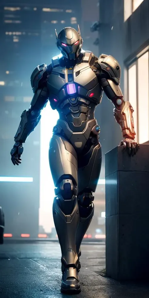 ultra high res, best quality, photo, 4k, (photorealistic:1.4), cinematic lighting, alien biomechanic, full body cinematic style digital art render with mechanical and futuristic details, like megatron, metallic, cyberpunk background, samurai style, beam gun