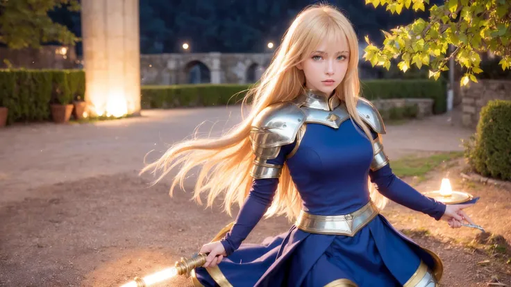 (best quality), ultra high res, (realistic, photorealistic:1.4), (1girl, young), (knight, fantasy, Saber, Fate Stay Night: 1.4), King Arthur, Excalibur, blue and sliver Knight armor, starry, Golden crown, Big blue cloak, short yellow hair, hero, garden, moon, night, professional lighting, physically-based rendering, England, Britain, <lora:koreanDollLikeness_v10:0.1>