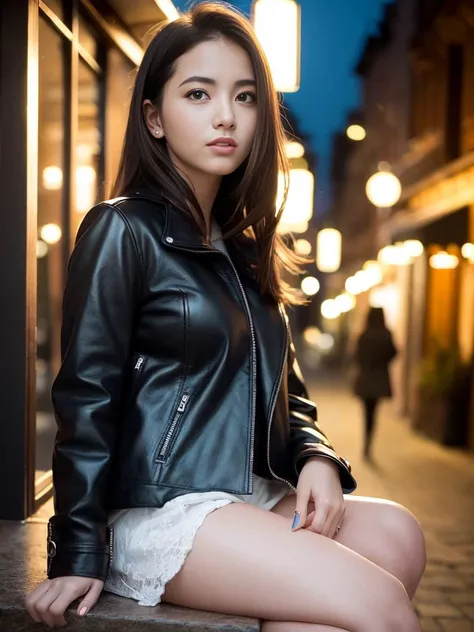 (8k, best quality, masterpiece:1.2), (realistic, photo-realistic:1.37), ultra-detailed,
1 girl,cute, solo,beautiful detailed sky,detailed cafe,sitting,dating,(nose blush),(smile:1.15),(closed mouth) small breasts,beautiful detailed eyes, collared shir, black leather jack coat, white lace, black choke ,
(medium longth hair:1.2),floating hair ,NovaFrogStyle, white skin,cinematic light,night street,street light