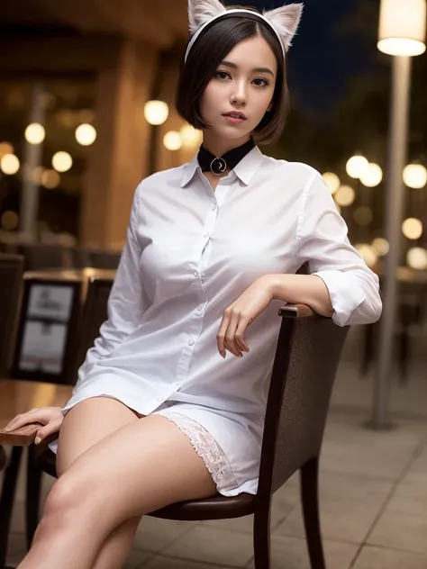(8k, best quality, masterpiece:1.2), (realistic, photo-realistic:1.37), ultra-detailed, 
1 girl,cute, solo,beautiful detailed sky,detailed cafe,sitting,dating,(nose blush),(smile:1.15),(closed mouth) small breasts,beautiful detailed eyes,(collared shirt:1.1), business attire, white lace, black choke ,
(short hair:1.2),floating hair ,NovaFrogStyle,cat ears,white skin,cinematic light,night street,street light
