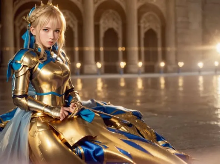 (best quality), ultra high res, (realistic, photorealistic:1.4), (1girl, young), (knight, fantasy, Saber, Fate Stay Night: 1.4), King Arthur, sitting, metal dress, (silver Knight armor with blue feature, golden_crown, golden hair:1.2), hero, ancient building, (professional lighting, physical rendering:1.2), <lora:koreanDollLikeness_v10:0.15>
