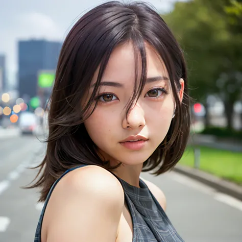 masterpiece, best quality, 4k, 8k, ultra highres, realistic, (photorealistic, RAW photo, sharp focus:1.4), highly detailed, detailed face, detailed background, beautiful 18 year old japanese woman, outdoors, city, city background, grey plaid dress, upper body