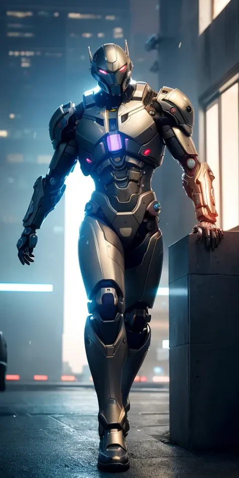 ultra high res, best quality, photo, 4k, (photorealistic:1.4), cinematic lighting, alien biomechanic, full body cinematic style digital art render with mechanical and futuristic details, like megatron, metallic, cyberpunk background, samurai style, beam gun