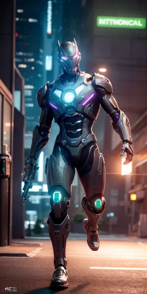 ultra high res, best quality, photo, 4k, (photorealistic:1.4), cinematic lighting, alien biomechanic, full body cinematic style digital art render with mechanical and futuristic details, like galvatron, metallic, cyberpunk street, machine gun in hand