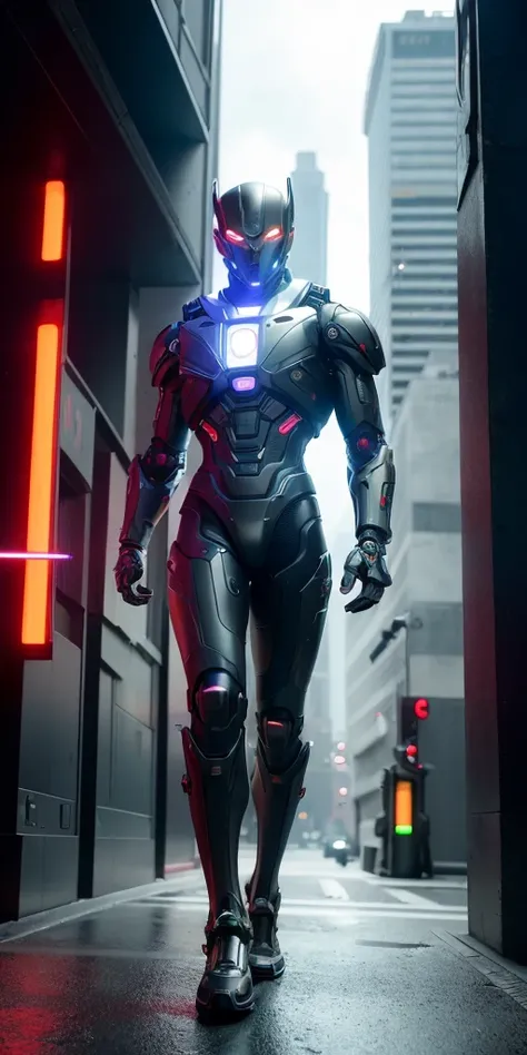 ultra high res, best quality, photo, 4k, (photorealistic:1.4), cinematic lighting, alien biomechanic, full body cinematic style digital art render with mechanical and futuristic details, like galvatron, metallic, cyberpunk street, the detail of machine gun in hand
