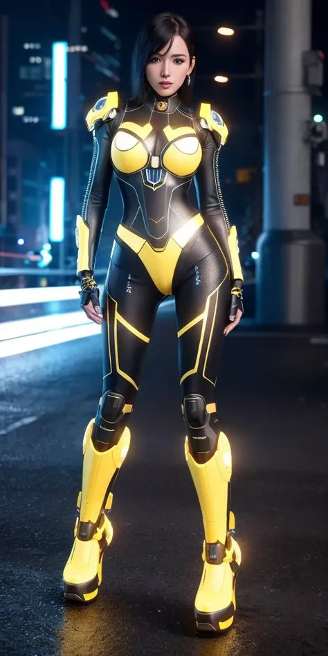 ultra high res, best quality, photo, 4k, (photorealistic:1.4), cinematic lighting, full body cinematic style digital art render with mechanical and futuristic details, like bumblebee, metallic, cyberpunk street, machine-girl, long legs