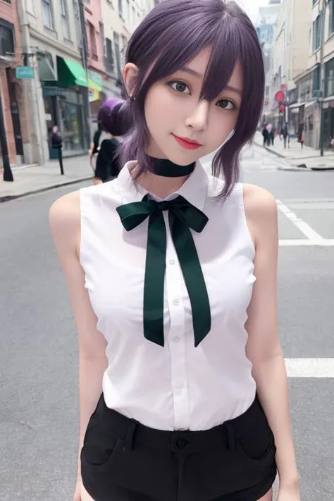 best quality,ultra highres, 1girl,very slim,detailed beautiful skin,(blush), thin face,young girl,(reze),(full black shorts:1.2),(black thighhighs),black bow on shirt,(purple hair:1.2),(green eyes),(white shirt:1.2),street,middle breasts, <lora:RezeChainsawMan_RezeChainsawMan:0.8>,(full body), <lora:koreanDollLikeness_v10:0.4>,(sleeveless:1.1),(right hand out of frame),(left hand put behind the body)