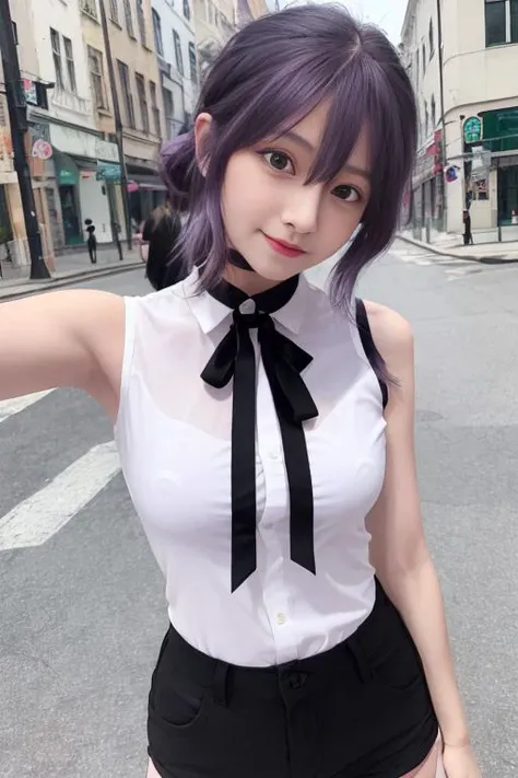 best quality,ultra highres, 1girl,very slim,detailed beautiful skin,(blush), thin face,young girl,(reze),(full black shorts:1.2),(black thighhighs),black bow on shirt,(purple hair:1.2),(green eyes),(white shirt:1.2),street,middle breasts, <lora:RezeChainsawMan_RezeChainsawMan:0.8>,(full body), <lora:koreanDollLikeness_v10:0.4>,(sleeveless:1.1),presenting armpit,no hand