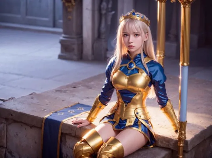 (best quality), ultra high res, (realistic, photorealistic:1.4), (1girl, young), (knight, fantasy, Saber, Fate Stay Night: 1.4), King Arthur, sitting, metal dress, (silver Knight armor with blue feature, golden_crown, golden hair:1.2), hero, ancient building, (professional lighting, physical rendering:1.2), <lora:koreanDollLikeness_v10:0.15>