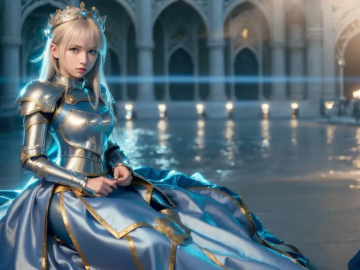 (best quality), ultra high res, (realistic, photorealistic:1.4), (1girl, young), (knight, fantasy, Saber, Fate Stay Night: 1.4), King Arthur, sitting, silver dress, (blue silver Knight armor, crown, Big blue cloak, golden hair:1.2), hero, ancient building, (professional lighting, physical rendering:1.2), <lora:koreanDollLikeness_v10:0.15>