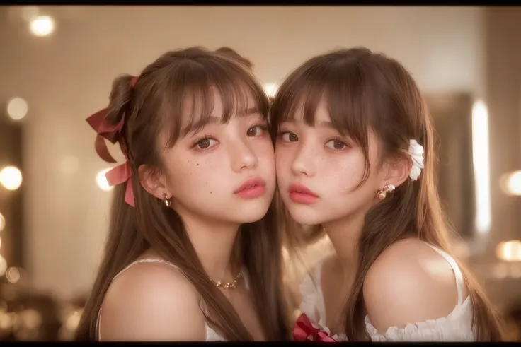2girls, <lora:koreanDollLikeness_v15:0.3>,masterpiece, (photorealistic:1.4), best quality, beautiful lighting,cinema lights,film grain,jewelry, blurry, necklace, earrings, indoors, bangs, lips, cheek-to-cheek, freckles, ribbon, bow, twintails, multiple girls, looking at viewer, long hair, blonde hair,  brown hair , depth of field, blurry background, heads together, closed mouth, brown eyes,  hair ribbon, upper body, parted lips, hair bow, black eyes, bare shoulders,