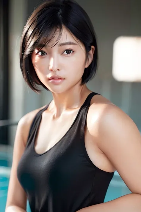 (photorealistic:1.4), a lifeguard in her 30s with short black hair, masterpiece, backlighting:0.5, beautiful lighting, detailed face and eyes, detailed skin, sharp focus, volumetric, ray tracing, artstation trending, cgsociety, sense of awe, 4k, High Saturation Clarity Contrast, deep levels, sharp, retouched, color graded, soft lighting, <lora:japaneseDollLikeness_v10:0.66>