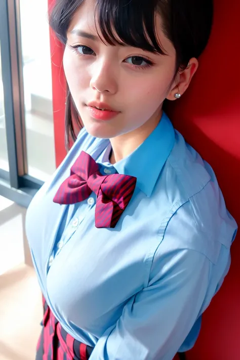 highres, absurdres, detail, masterpiece, best quality, hyperdetailed, 8k, (best quality: 1.0), (ultra high definition: 1.0), (beautiful girl: 1.4), Ultra Detail, (High Skin Detail: 1.2), (Best Quality: 1.0), (Ultra High Definition: 1.0), (Masterpiece), Super Detail, (High Skin Detail: 1.2), (Best: 1.0), school uniform, short hair, <lora:komiShoukoLora_v1:0.9>, Komi, classroom, (shy:1.2), selfie, from above, medium breasts, (large school bowtie:1.1), striped red bowtie,