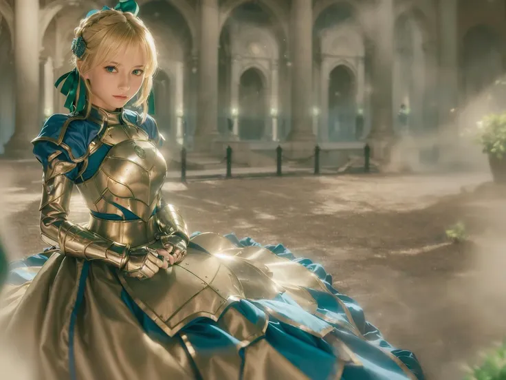 (best quality), ultra high res, (realistic, photorealistic:1.7), (1girl, young), (artoria_pendragon_\(fate\), saber, armor, blonde_hair, gauntlets, green_eyes, hair_ribbon, armored_dress,ahoge, blue_dress:1.2), sitting, hero, ancient church, holy, (professional lighting, physical rendering:1.2), <lora:koreanDollLikeness_v10:0.15>