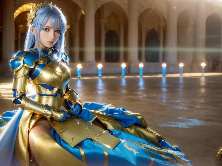 (best quality), ultra high res, (realistic, photorealistic:1.4), (1girl, young), (knight, fantasy, Saber, Fate Stay Night: 1.4), King Arthur, sitting, metal dress, (silver Knight armor with blue feature, golden_crown, golden hair:1.2), hero, ancient building, (professional lighting, physical rendering:1.2), <lora:koreanDollLikeness_v10:0.15>