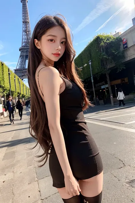 (8k, RAW photo:1.2),1 girl,(brown long hair:1.31), necklace, best quality, ultra high res, (photorealistic:1.3),(solo:1.1), (slim body), (skinny),bed_sheet, finely detailed black dress with stockings, (sunlight backlight ), (seen from behind below), ulzzang-6500-v1.1, in shadow, (eiffel tower), (outdoors)