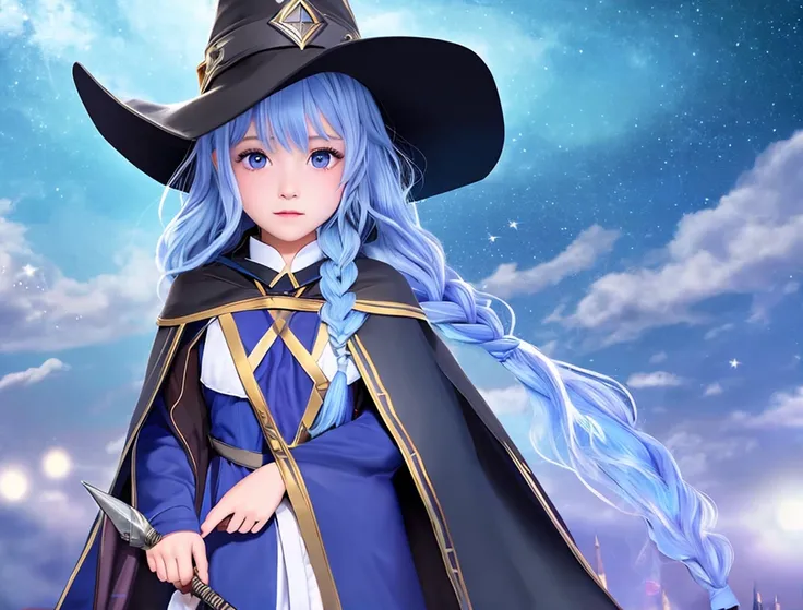 roxy migurdia, 1 young girl holding wand standing on the wizard city, bangs, black headwear, blue eyes, blue hair, braid, brown cape, cape, floating hair, hair between eyes, hat, long hair, ((solo)), witch hat, ((masterpiece)),pointy ears, <lora:Roxy:1>, 3d,upper body ,ears under hair,white shirt,extremely detailed CG unity 8k wallpaper