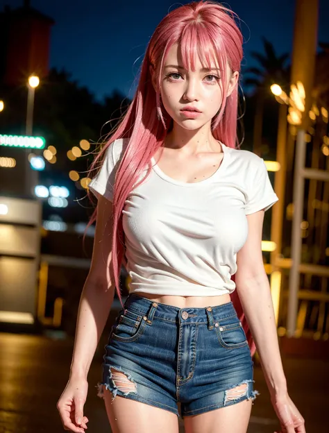 (8k, RAW photo, best quality, masterpiece:1.2), (realistic, photo-realistic:1.37),1girl,idol,pink hair,long hair,red eyes,small breast,full body,detail eyes,extra detail,detail face,{cinematic light,street light,light bokeh},wet,rain, white shirt, black shorts,bangs,fringe,