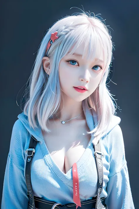 {best quality}, {{masterpiece}}, {highres}, extremely detailed CG, extremely detailed 8K wallpaper, extremely detailed character,{an extremely delicate and beautiful portrait}, (((portrait))), solo, sharp focus, dramatic angle, {{cinematiclighting}}, (photorealistic:2),{{{character({{{a girl}}}, {{{{{{loli}}}}}}, smile, opened mouth, beautiful detailed eyes, light blue eyes)}}}, ((12 years old)),highly detailed eyes, highly detailed face,small areola, (cowboy shot), 1 girl, solo, standing, studio background, (black background), gawr gura, gura, shark girl, tail, shark tail, sharp teeth, white hair, multicolored hair, petite, blue hoodie, hair ornament, <lora:virtualYoutuberGawr_ggV1:0.4>,<lora:koreanDollLikeness_v10:0.6>