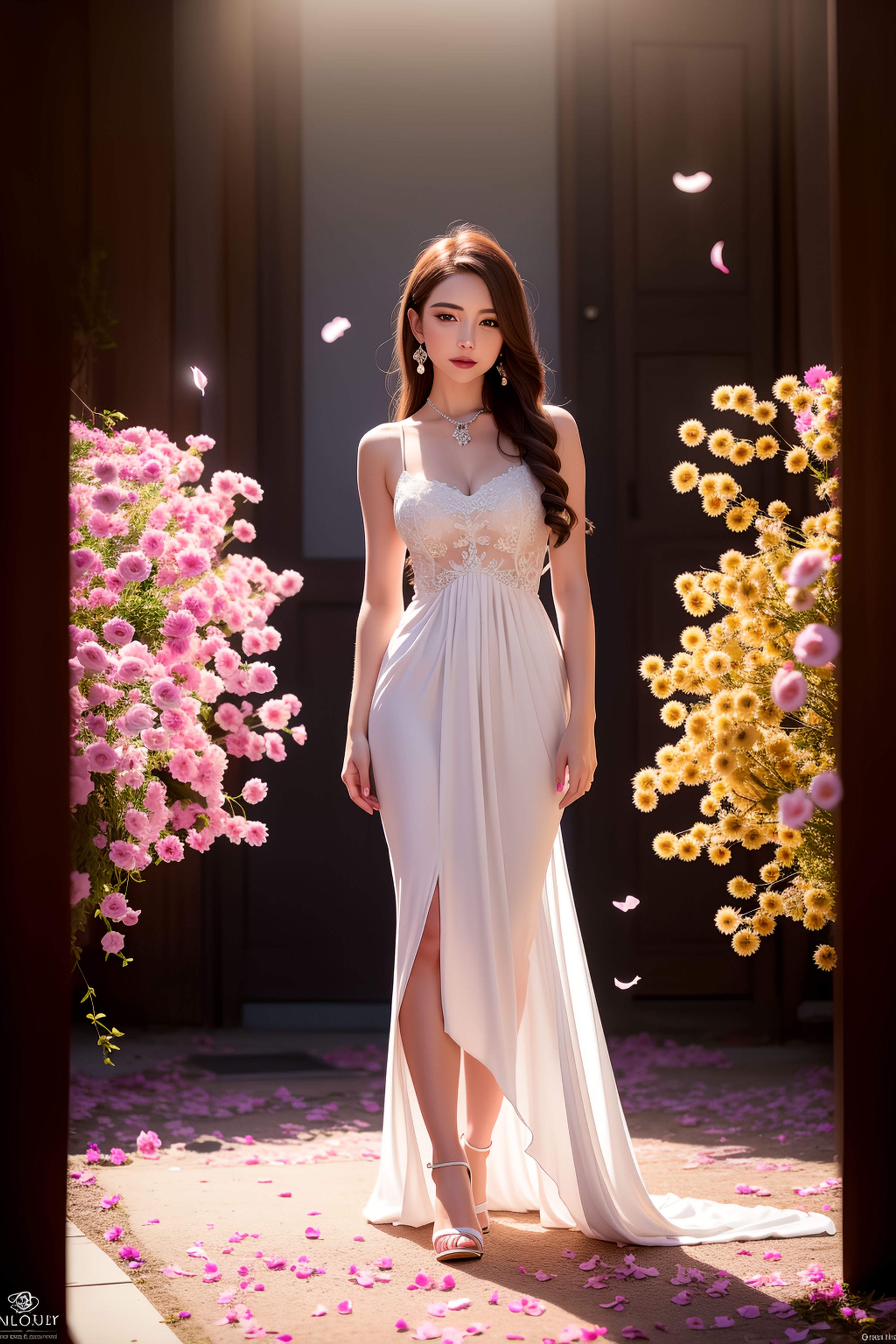 A woman in a white dress standing in a doorway with flowers - SeaArt AI