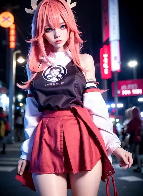 Realistic, Photorealistic, NSFW, solo, solo focus, cinematic light, tokyo at night, (leaning forward:1.2), inside swimming pool, (finely detailed face and beautiful eyes:1.2), (masterpiece:1.5), (best quality:1.2), kawaii eyes, dynamic pose, (punk style:1.1), (long jeans skirt:1.3), wrapped skirt, long colorful hair, (blue twin tail:1.2), white long eyelashes, leather choker, (rugged sweatshirt with print:1.2), long sleeves, (hair clips), red eye makeup, people in background, (piercings:1.2), (street fashion:1.2), streetwear, sneakers, cowboy shot, looking at viewer, breasts, standing, slender, (ulzzang-6500:0.8), handbag, one girl, 1giirl <lora:yaeMikoRealistic_yaemikoMixed:1>, cyberpunk, blue long hair